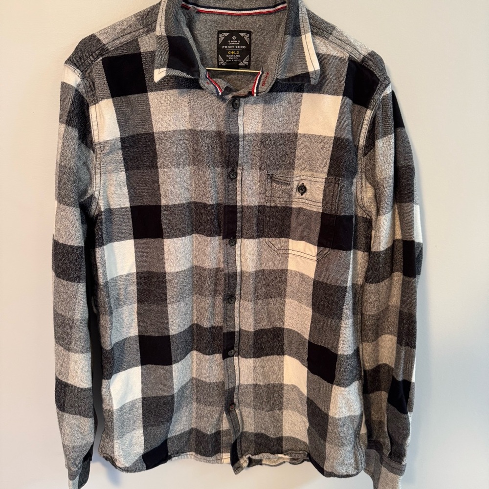 POINT ZERO BLACK LABEL Men's Button Down Flannel Shirt Grey/Black Plaid MEDIUM